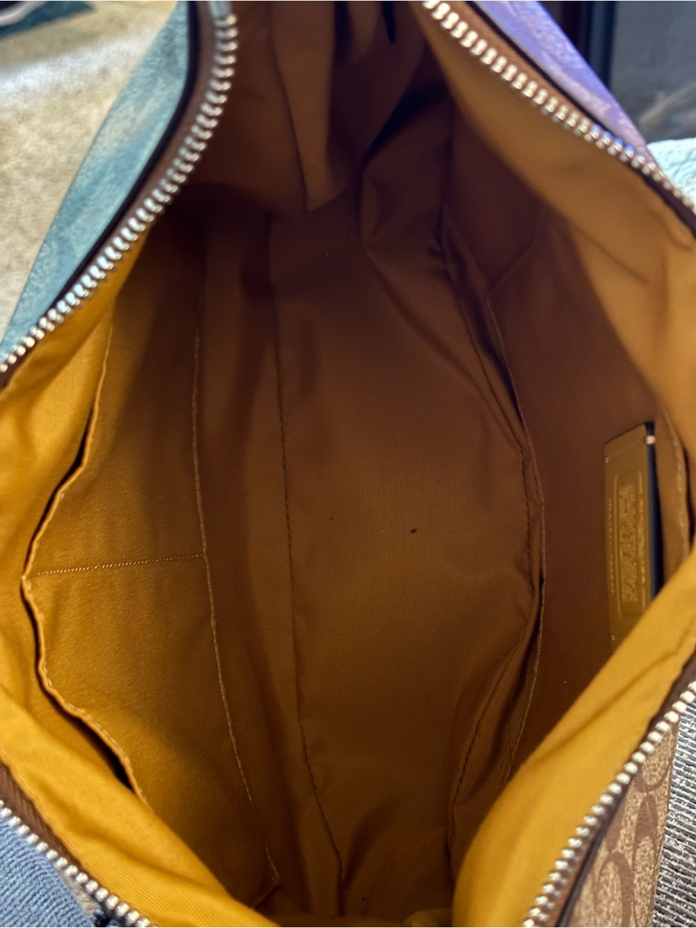 Coach Signature Canvas Leather Zip Shoulder Hobo Bag Tan Brown with Yellow Trim - Picture 8 of 11